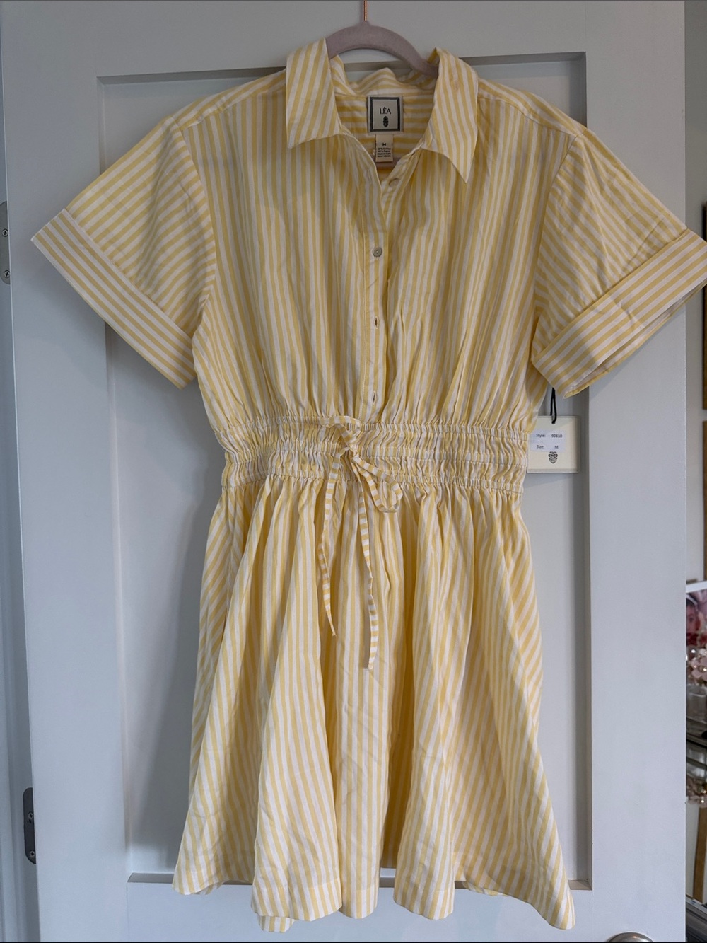 Lea Yellow and White Striped Drawstring Shirt Mini Dress
